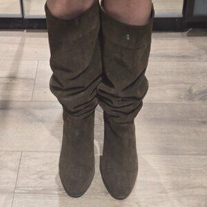 Olive Green Suede Knee High Boots